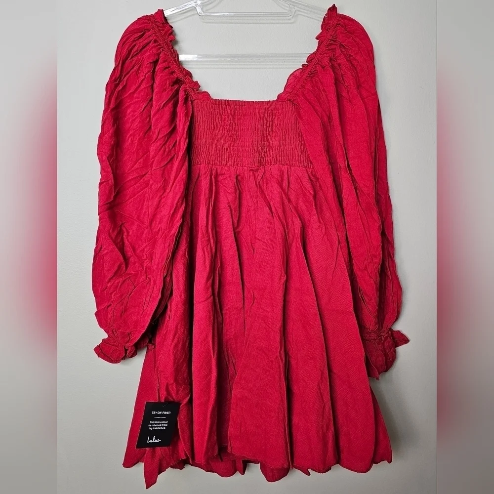 Lulus Make The Call Red Button-Up Long Sleeve Square Neck w Pockets Mini Dress S